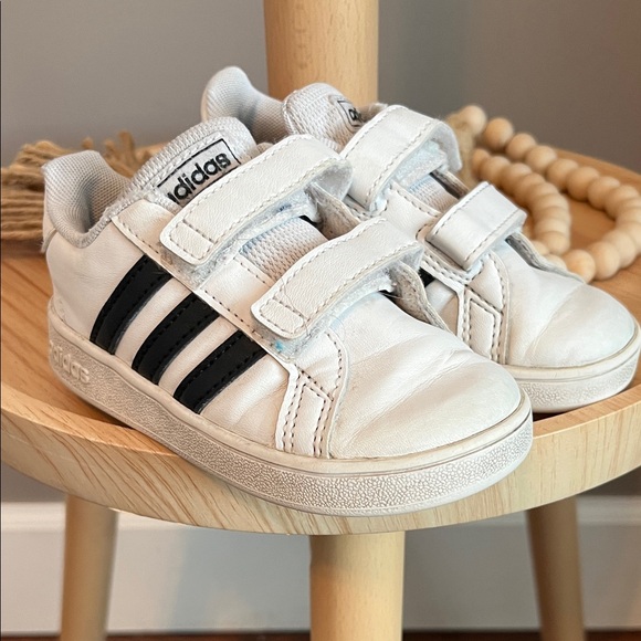 adidas Other - Adidas Kids Grand Court White Sneakers with Black Stripes Size 7